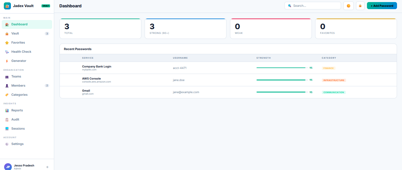 Jadex Vault dashboard showing password list, security score, and category breakdown