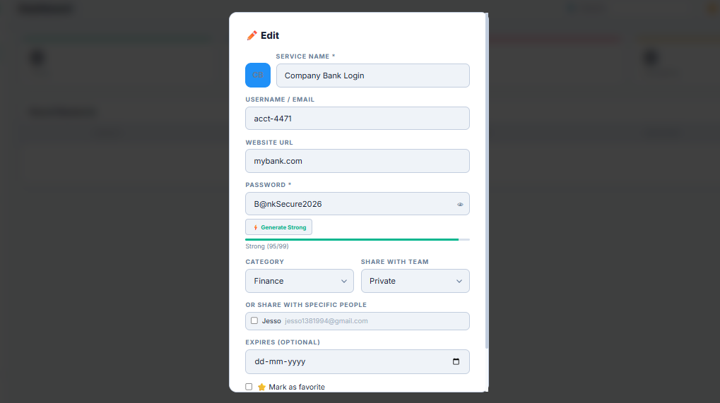 Add/edit password modal with category and team sharing options